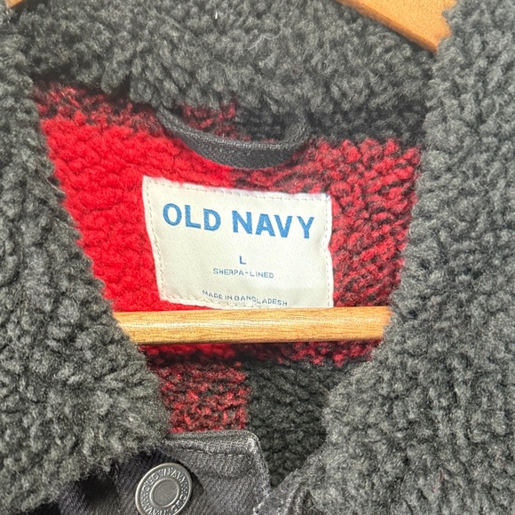 Old Navy Black Denim Sherpa LinedJacket for Men Size Large Collared Trucker Coat - Picture 6 of 16